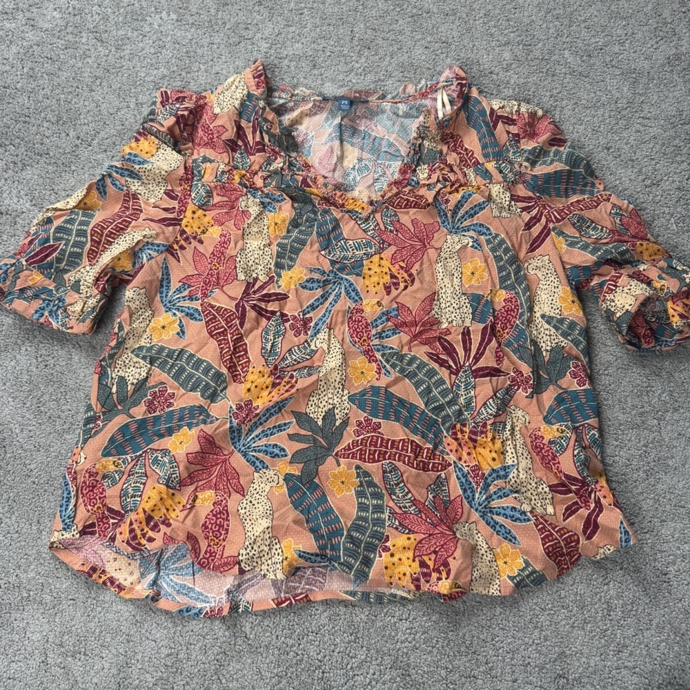 Democracy Women's Petite Small Blouse Boho Quarter Sleeve Jungle Print